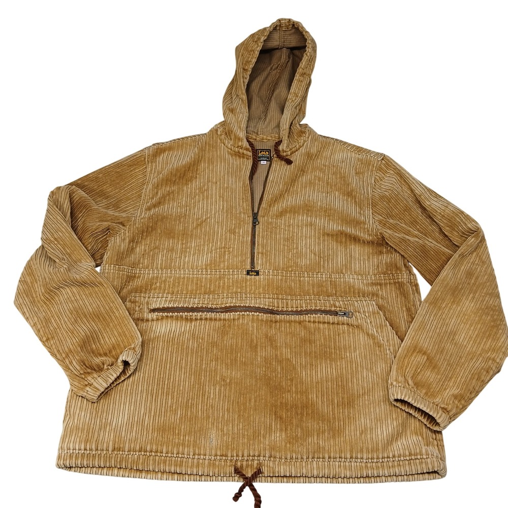 Lois Jeans Mens Corduroy Anorak Jacket Quarter Zip Hooded Tan Camel Size 18
